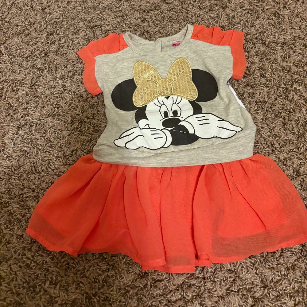 Disney Minnie Mouse Dress 12 Months Gray Top Pink Tulle Skirt Short Sleeve